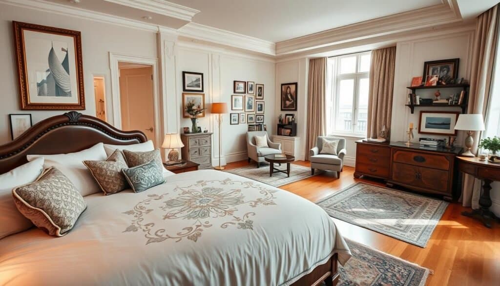 A luxurious bedroom apartment featuring elegant decor and personal touches that tell a story. In the foreground, a plush king-sized bed with an embroidered duvet and an array of decorative pillows. Beautiful wooden bedside tables adorned with unique artisanal lamps. In the middle, a cozy seating area with a stylish armchair and a small coffee table, surrounded by books and personal memorabilia. The walls are adorned with framed art and photographs that reflect the occupant’s personality. In the background, large, bright windows allow soft natural light to flood the space, enhancing the airy atmosphere. The flooring features warm hardwood complemented by a designer rug. The overall mood is inviting and serene, perfect for relaxation and reflection, showcasing a harmonious blend of luxury and personal narrative.
