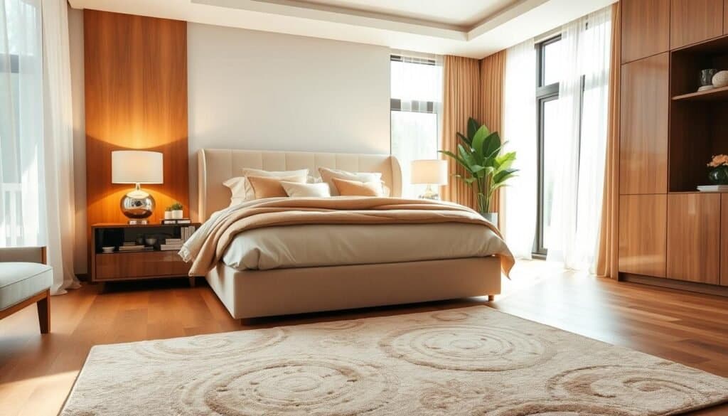 A luxurious bedroom apartment showcasing a warm and inviting atmosphere. In the foreground, a beautifully textured area rug in soft earth tones anchors the space, adding a grounding detail. The middle ground features a plush king-sized bed adorned with elegant bedding and a selection of tasteful pillows. Flanking the bed are sleek nightstands with modern lamps, casting soft light. In the background, large windows let in bright natural light, highlighting the airy ambiance and illuminating the room’s rich wooden accents and tasteful decor. The overall mood evokes comfort and tranquility, perfect for a restful retreat. Soft sunlight filters through sheer curtains, enhancing the serene environment. The composition captures a balanced blend of elegance and warmth, inviting viewers to imagine their own comfort within this stylish setting.