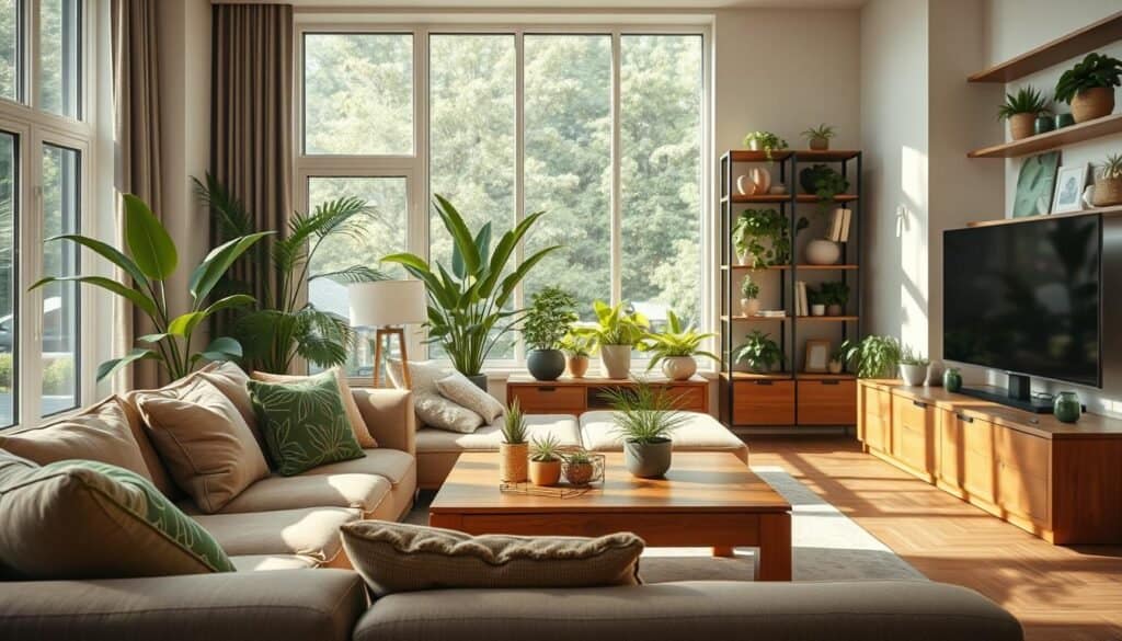 A modern, energy-efficient living room designed for sustainability. In the foreground, a cozy seating area with a plush sofa in earthy tones and accent cushions featuring green patterns. A wooden coffee table with plants and eco-friendly décor. The middle section showcases large windows allowing bright, soft sunlight to flood the space, highlighting energy-efficient LED lights that blend seamlessly into the design. In the background, a stylish bookshelf filled with green materials and indoor plants, creating a refreshing atmosphere. The mood is tranquil and inviting, reflecting a balance of comfort and sustainability. Use natural lighting to create a warm ambiance. Capture this scene from a slightly elevated angle to emphasize the room's layout and design elements, ensuring a visually captivating portrayal of energy efficiency in home décor.
