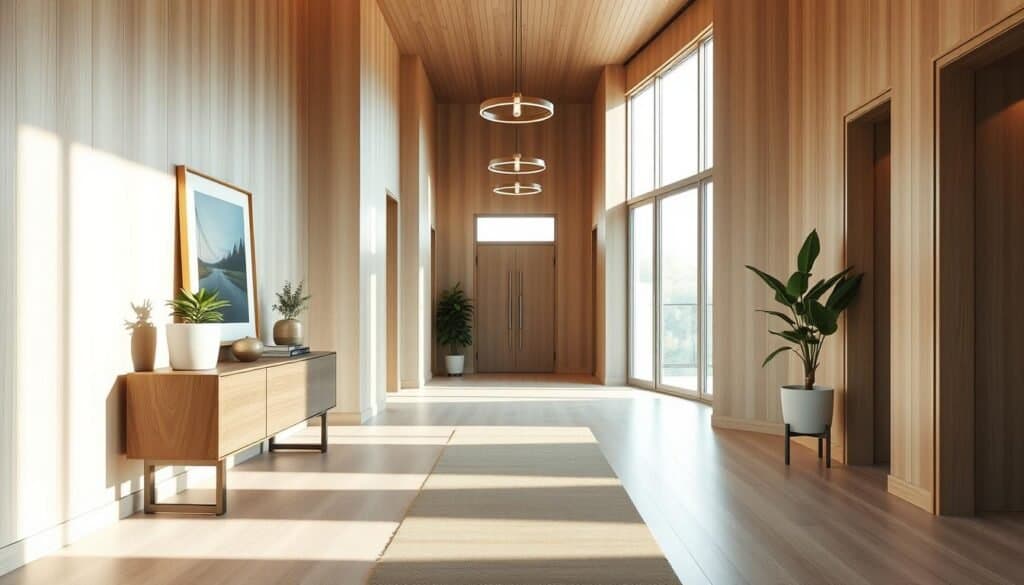 A modern hallway design that embodies warm, inviting aesthetics, featuring smooth wood paneling and elegant light-colored walls. In the foreground, a stylish console table adorned with decorative plants and tasteful artwork creates a welcoming focal point. The middle ground showcases a sleek runner rug leading towards an airy, well-lit entryway, complemented by soft, diffused sunlight entering through large windows. In the background, minimalist light fixtures hang gracefully from a high ceiling, providing a soft glow. The overall atmosphere is serene and harmonious, promoting a sense of connection and flow, perfect for transitional spaces that unite different areas of the home. The image captures a balanced composition with a slight wide-angle perspective to enhance depth and space.