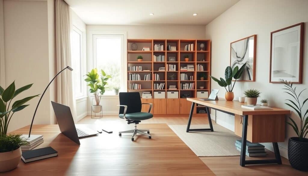 A modern home office design that emphasizes structure and functionality. In the foreground, a sleek wooden desk with clean lines features a stylish ergonomic chair, a laptop, and minimalistic stationery. In the middle ground, light-filled windows invite soft, natural sunlight, highlighting the room's airy feel. A large bookshelf filled with neatly organized books and decorative plants adds warmth. The background showcases a muted color palette with soft beige walls and a framed piece of abstract art, all while maintaining a bright and open atmosphere. The scene should convey a calm and inviting mood, ideal for productivity. Capture this image using a wide-angle lens to enhance the spaciousness, with emphasis on natural lighting to create a soft, serene effect.