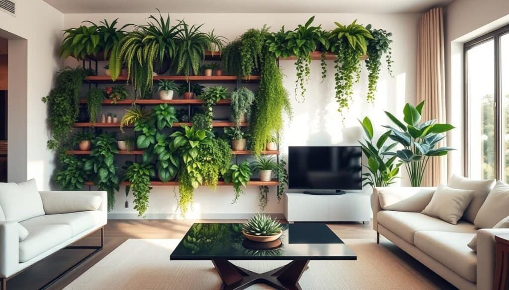 A modern living room featuring a stunning plant accent wall adorned with a variety of lush, green plants cascading down from wooden shelves. In the foreground, an elegant coffee table with a small succulent centerpiece adds charm. The middle ground includes the vibrant plant wall, meticulously arranged with diverse foliage such as ferns, philodendrons, and trailing ivy, creating a refreshing atmosphere. The background shows light-colored walls, soft textures, and minimalistic furniture, enhancing the room's spaciousness. Warm sunlight filters through large windows, casting gentle, natural light that brightens the space. The overall mood is tranquil and inviting, perfect for rejuvenating a flat or overworked environment.