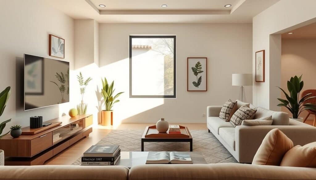 A modern living room featuring a stylish TV wall as the focal point. In the foreground, include a sleek, low-profile entertainment unit with a large flat-screen TV mounted above it. Add decorative elements like indoor plants and contemporary art pieces on the wall. In the middle, showcase a cozy sectional sofa adorned with textured cushions in neutral tones, facing the TV. A stylish coffee table sits in front, topped with books and a decorative tray. In the background, large windows let in bright, natural light, highlighting light and airy pastel wall colors. Soft sunlight casts gentle shadows, creating a warm and inviting atmosphere. The scene displays a harmonious blend of comfort and modern design, perfect for enhancing sensory experiences in everyday living.