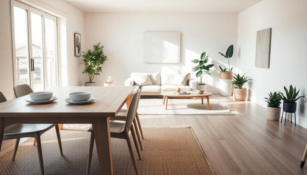 A modern minimalist interior design scene that exudes warmth and tranquility. In the foreground, a light wood dining table set with simple ceramic dishes, surrounded by sleek, low-profile chairs. The middle ground features a spacious living area, highlighted by soft, neutral tones and natural materials, such as a plush linen sofa and a woven area rug. A large window allows for bright natural light to flood in, casting gentle shadows across the space. In the background, potted plants like succulents and fiddle leaf figs bring life and color, softening the starkness of the minimalist aesthetic. The overall atmosphere is calming and inviting, showcasing the blend of modern design with natural elements, under soft, diffused sunlight. The perspective is wide-angle, capturing an airy, expansive feel to the interior.