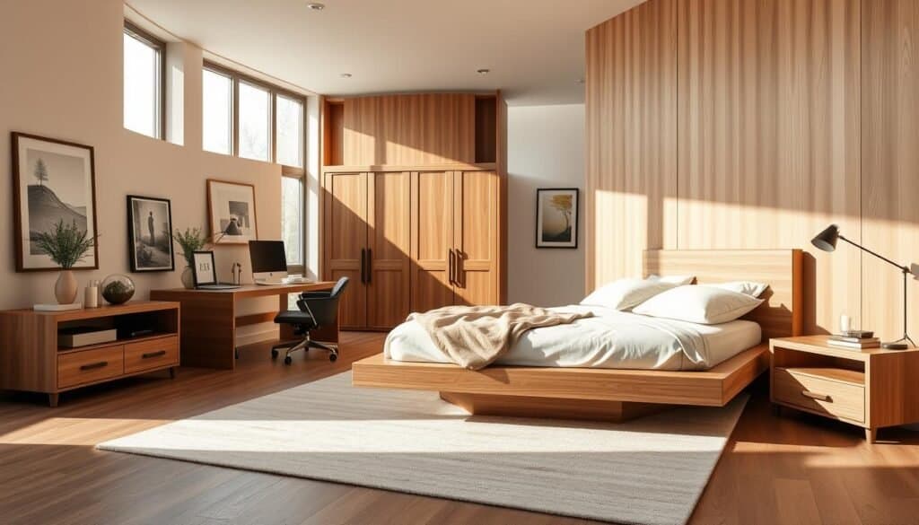 A modern wooden bedroom design featuring elegant, minimalist furniture crafted from light-toned wood. The foreground showcases a neatly made king-size platform bed adorned with soft, neutral-toned bedding and plush pillows. Beside the bed, there are sleek nightstands with decorative candles and small potted plants. In the middle ground, a stylish wardrobe with sliding doors complements the room’s aesthetic, while an ergonomic chair sits by a contemporary desk made of rich walnut. The background includes large windows allowing soft, warm sunlight to wash over the room, illuminating the natural wood grain and creating an airy, peaceful atmosphere. The room is decorated with tasteful artwork and natural textures, evoking a sense of tranquility and modern elegance, captured in a wide-angle shot that emphasizes spaciousness and light. A modern wooden bedroom design featuring elegant, minimalist furniture crafted from light-toned wood. The foreground showcases a neatly made king-size platform bed adorned with soft, neutral-toned bedding and plush pillows. Beside the bed, there are sleek nightstands with decorative candles and small potted plants. In the middle ground, a stylish wardrobe with sliding doors complements the room’s aesthetic, while an ergonomic chair sits by a contemporary desk made of rich walnut. The background includes large windows allowing soft, warm sunlight to wash over the room, illuminating the natural wood grain and creating an airy, peaceful atmosphere. The room is decorated with tasteful artwork and natural textures, evoking a sense of tranquility and modern elegance, captured in a wide-angle shot that emphasizes spaciousness and light.