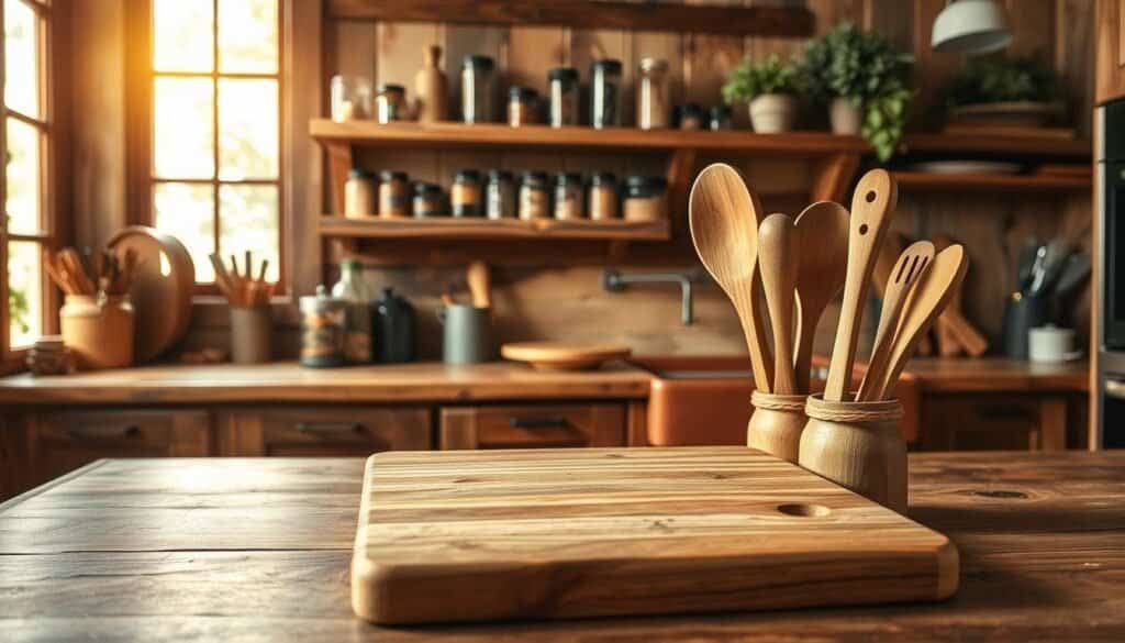 A rustic kitchen scene showcasing a variety of functional DIY wood projects. In the foreground, a beautifully crafted wooden cutting board and a set of elegant wooden utensils, reflecting natural wood grains and a smooth finish. The middle features open shelves made of reclaimed wood, adorned with glass jars of spices and herbs, complementing the overall rustic theme. In the background, a warm, inviting kitchen bathed in soft, natural sunlight streaming through a large window, highlighting the wooden cabinetry and farmhouse sink. The atmosphere is cozy and homey, evoking a sense of creativity and craftsmanship. The image should be well-lit, with a soft focus to create an airy feel, perfect for inspiring DIY enthusiasts.