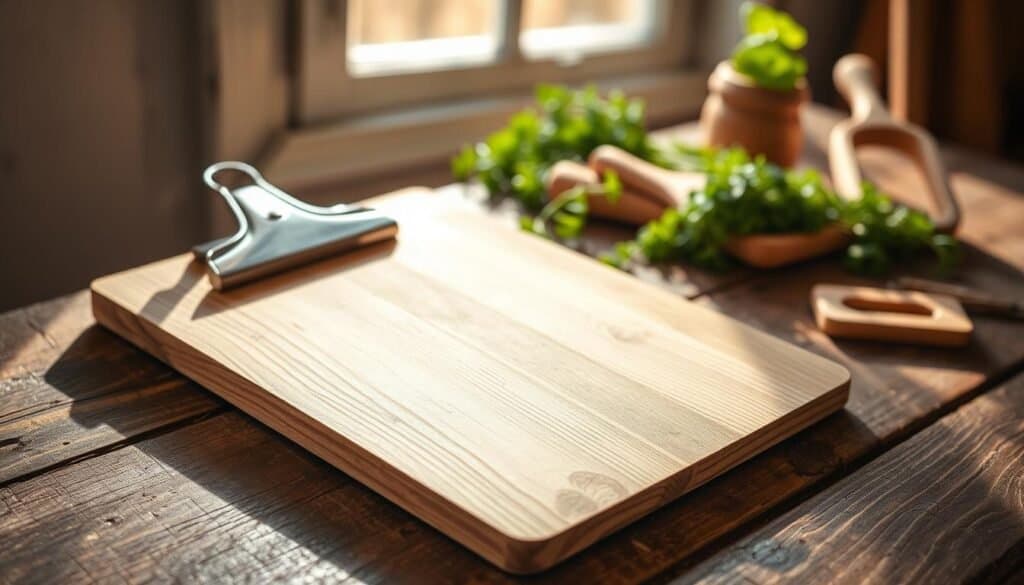 A rustic wooden clipboard resting on a weathered wooden table, showcasing its rich texture and natural grains. The clipboard has a slightly curved top with a sturdy metal clip, giving it a vintage charm. Sunlight streams through a nearby window, casting soft shadows and creating a warm, inviting atmosphere. In the background, a blurred arrangement of fresh herbs and small wooden tools hint at a cozy workshop setting. The angle is slightly elevated, capturing the clipboard against a backdrop of light, showcasing its clearly defined edges and character. The overall mood is one of warmth, simplicity, and heartfelt craftsmanship, perfect for inspiring DIY projects.