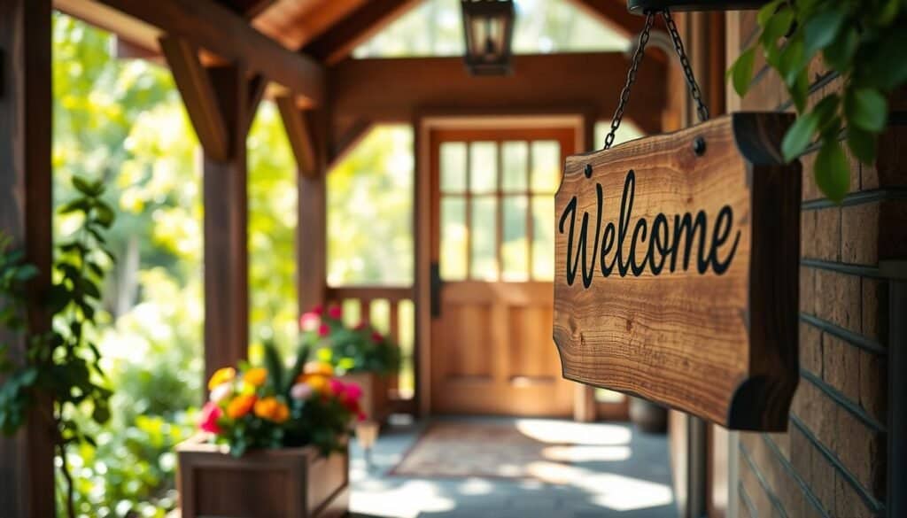 A rustic wooden welcome sign, elegantly crafted with smooth edges and a weathered finish, prominently displayed in the foreground. The sign should hang from a sturdy metal bracket and adorned with colorful seasonal flowers in a wooden planter beneath it, showcasing vibrant blooms. In the middle, a charming entryway with a warm wooden door and a cozy welcome mat is visible. In the background, a sunlit garden filled with lush greenery and soft sunlight filtering through leaves creates an inviting atmosphere. The scene should be captured with a shallow depth of field, focusing on the welcome sign while softly blurring the background, evoking a sense of warmth and comfort in a lived-in home.