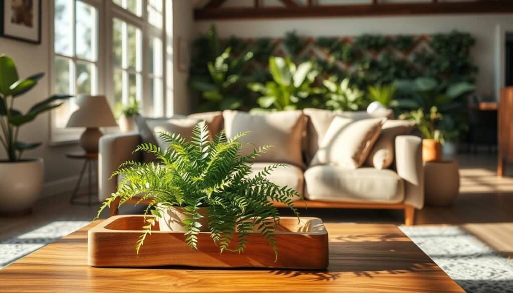 A serene and balanced living room showcasing a harmonious blend of natural elements. In the foreground, a beautifully crafted wooden coffee table holds a vibrant potted fern with lush green leaves, symbolizing vitality and connection to nature. The middle ground features a cozy sofa adorned with soft, neutral-colored cushions, creating an inviting atmosphere. Sunlight streams through large windows, casting gentle shadows and illuminating the space with warm, soft light. In the background, a calming view of a well-kept indoor garden can be seen, enhancing the sense of tranquility. The overall mood is peaceful and refreshing, emphasizing the importance of nature in creating a balanced living space. The image is bright, airy, and well-lit, perfect for illustrating the concept of harmony at home.