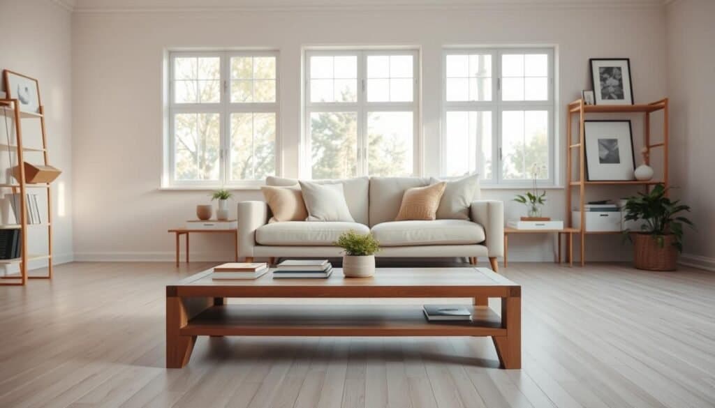 A serene and decluttered living room that showcases structural balance. In the foreground, a simple wooden coffee table with a few neatly arranged books and a small, vibrant plant. The middle layer features a cozy sofa with fluffy cushions, positioned symmetrically in the room. Shelves on either side display minimalistic decor and framed artwork, creating a sense of harmony. In the background, large windows allow soft, natural sunlight to pour in, illuminating the space and enhancing its airy feel. The walls are painted in a soothing neutral tone, and light wooden flooring adds warmth. The mood is peaceful and inviting, a perfect representation of balance and tranquility in home decor. The image should capture a wide angle to convey the spaciousness.