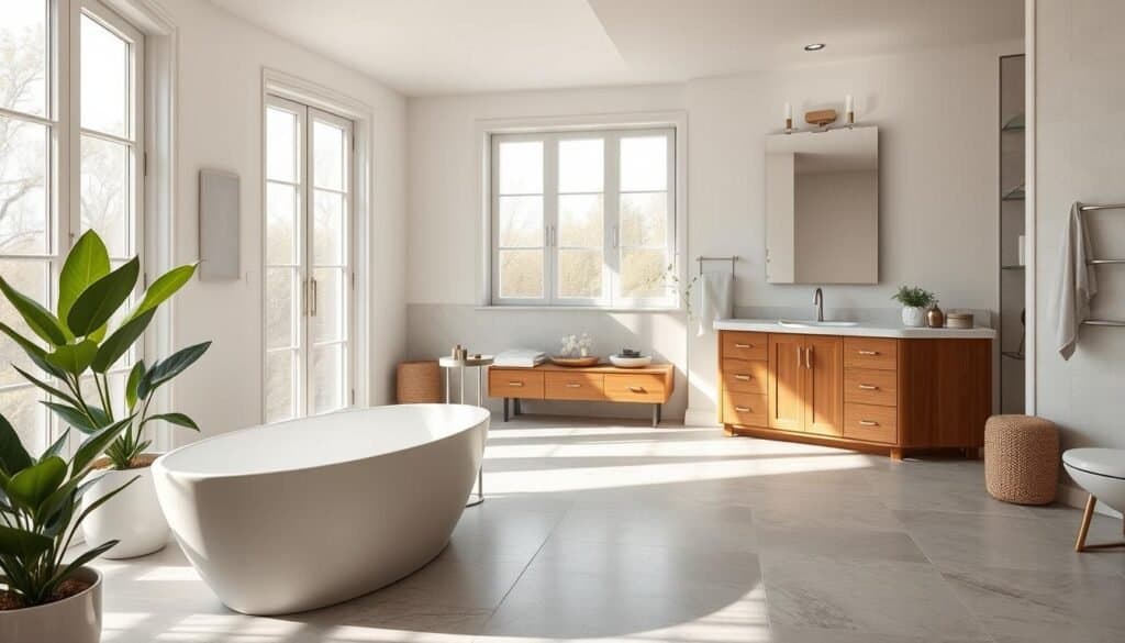 A serene and elegant bathroom design embodies the concept of balance in architecture. In the foreground, a freestanding bathtub with smooth lines and classic finishes invites relaxation, surrounded by potted greenery for a touch of nature. The middle layer features a stylish double vanity with minimalist fixtures and warm wood cabinetry, complemented by tasteful, understated décor. The background showcases large windows allowing soft, bright natural light to flood the space, enhancing the airy atmosphere. A neutral color palette of soft whites and warm grays contributes to a timeless feel, while polished stone tiles reflect subtle hints of sunlight. The overall mood is calm and inviting, evoking a sense of tranquility and enduring charm in this thoughtfully designed bathroom.