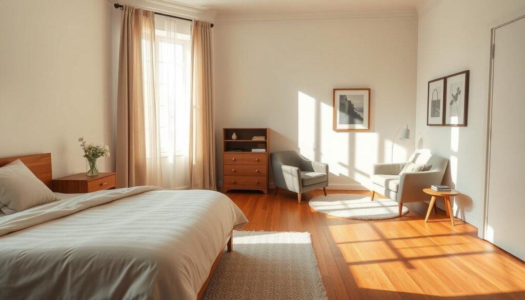 A serene and inviting bedroom featuring warm wood flooring. The foreground showcases a cozy queen-size bed adorned with soft, neutral-colored linens and plush pillows. A stylish wooden nightstand holds a small vase with fresh flowers, enhancing the tranquil ambiance. In the middle, a soft area rug complements the hardwood, creating a layered look. A comfortable reading nook with a plush armchair and a small bookshelf sits beside a window, bathed in bright, natural light streaming through sheer curtains. The background depicts calming pastel walls adorned with minimalistic art, while soft sunlight casts gentle shadows, emphasizing the peaceful feel. The overall atmosphere is warm and welcoming, ideal for relaxation and comfort. A serene and inviting bedroom featuring warm wood flooring. The foreground showcases a cozy queen-size bed adorned with soft, neutral-colored linens and plush pillows. A stylish wooden nightstand holds a small vase with fresh flowers, enhancing the tranquil ambiance. In the middle, a soft area rug complements the hardwood, creating a layered look. A comfortable reading nook with a plush armchair and a small bookshelf sits beside a window, bathed in bright, natural light streaming through sheer curtains. The background depicts calming pastel walls adorned with minimalistic art, while soft sunlight casts gentle shadows, emphasizing the peaceful feel. The overall atmosphere is warm and welcoming, ideal for relaxation and comfort.