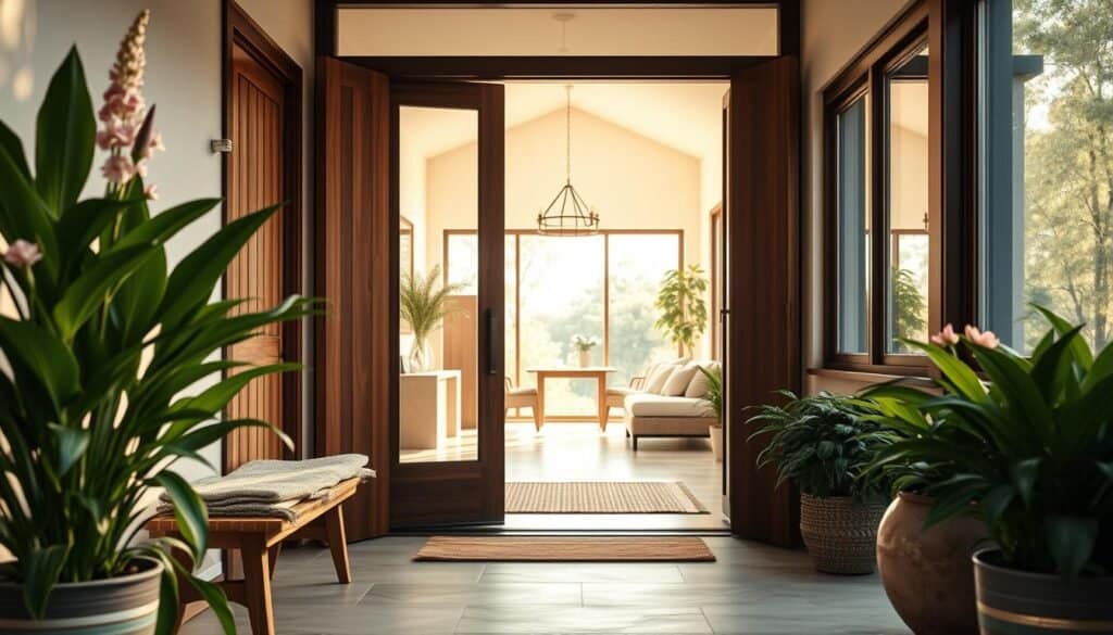 A serene and inviting entryway of a modern home, showcasing a wide wooden door framed by lush green plants and flowers in well-maintained pots. In the foreground, a small decorative bench is placed against the wall, adorned with natural textiles. The middle of the image features a softly lit hallway leading to an airy living space, illuminated by warm, natural sunlight filtering through large, clear windows. In the background, soft hues of nature blend with the architecture, creating a harmonious atmosphere that emphasizes a grounding connection to the outdoors. The scene evokes a sense of tranquility and warmth, inviting the viewer to step inside and experience the livable space. Capture this with a shallow depth of field, focusing on the entryway while allowing the background to softly blur.