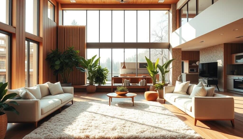 A serene and inviting living space emphasizing acoustic considerations for a peaceful home. In the foreground, a spacious, airy room features soft, plush furniture in neutral tones, promoting comfort. A large, plush area rug absorbs sound while providing warmth underfoot. In the middle ground, floor-to-ceiling windows allow soft, natural light to flood the space, highlighting wooden acoustic panels lining the walls, enhancing tranquility and sound insulation. Lush houseplants subtly soften edges and improve air quality. The background reveals a well-designed open floor plan with natural materials like wood and stone, fostering a calming atmosphere. The scene is bathed in warm sunlight, casting gentle shadows, and inviting a sense of peace and relaxation. The overall mood is one of harmony and serenity, perfect for illustrating the concept of a calming home environment.