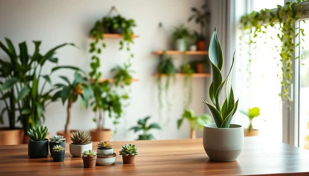 A serene and minimalist indoor space featuring a variety of plants arranged thoughtfully for maximum impact. In the foreground, a sleek wooden table showcases a combination of small succulent arrangements and a tall, elegant snake plant in a simple ceramic pot. The middle ground presents a light, airy atmosphere filled with hanging pothos vines cascading gently from wall-mounted shelves. The background includes a soft-focus window letting in bright, natural light, illuminating the scene with warm, gentle rays. The overall mood is relaxed and inviting, emphasizing the ease of maintenance and the beauty of nature indoors. The composition is well-lit, capturing the textures of the plants and the simplicity of the decor, creating a harmonious balance in the space.