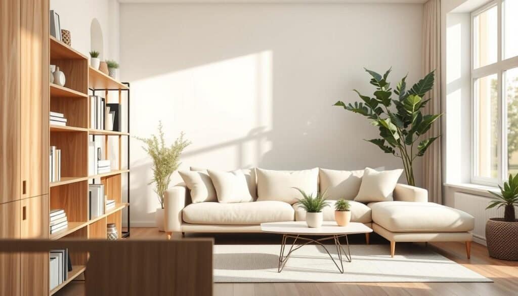 A serene and minimalist living space featuring smart storage solutions that enhance organization and calm. In the foreground, a stylish wooden shelving unit holds neatly arranged books and decor items, emphasizing order and simplicity. The middle ground showcases a cozy sofa with light, natural-colored cushions, paired with a sleek coffee table adorned with a curated arrangement of plants. In the background, large windows allow soft, bright sunlight to filter in, illuminating the space and casting gentle shadows, creating a warm and inviting atmosphere. The room's color palette includes soft whites, light woods, and hints of greenery, promoting a tranquil mood. The overall composition should evoke a sense of peace and clarity, emphasizing the importance of proper storage in creating a calming environment.