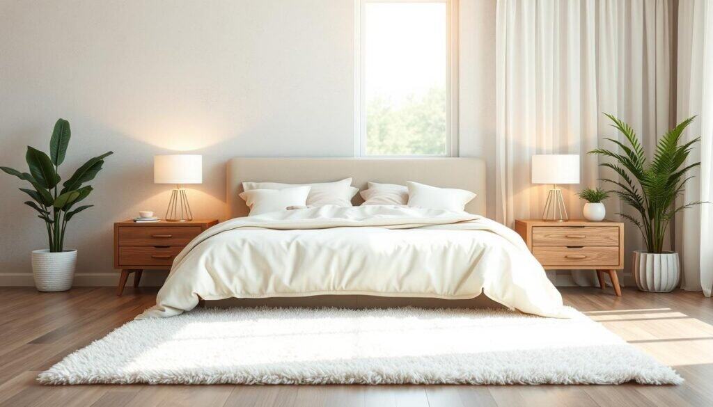 A serene and peaceful bedroom design, featuring a minimalist aesthetic with soft, neutral color palette. In the foreground, a cozy bed adorned with light pastel bedding and fluffy pillows, positioned against a textured wall. On each side, elegant wooden nightstands hold simple lamps emitting warm, gentle light. In the middle ground, a plush area rug adds warmth, while potted greenery brings life and a touch of nature. The background showcases a large window allowing bright, natural light to flood the room, with sheer curtains softly diffusing sunlight for an airy feel. The overall atmosphere should convey calmness and tranquility, ideal for unwinding at the end of the day, captured with a soft focus lens for a dreamy effect.