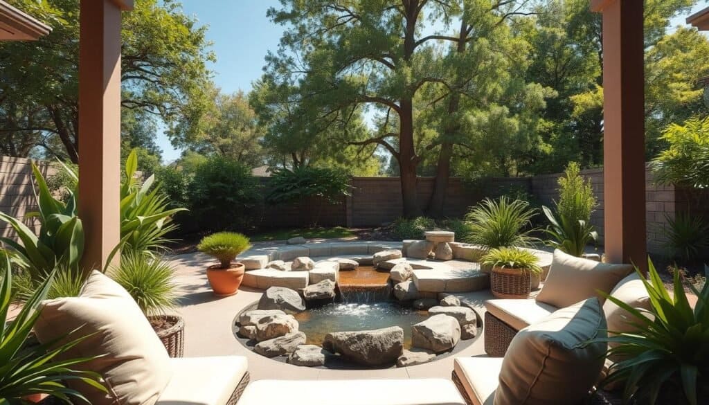 A serene backyard oasis design featuring a cozy outdoor sanctuary. In the foreground, a plush, inviting seating area with soft cushions in muted earth tones surrounded by lush green potted plants. The middle showcases a gently flowing water feature nestled among natural stones, adding a tranquil sound. The background reveals tall, leafy trees providing dappled shade and a sense of privacy, with a clear blue sky above. The scene is illuminated by bright, soft sunlight, casting gentle shadows that enhance the inviting atmosphere. The overall mood is peaceful and refreshing, ideal for relaxation and connection with nature. Capture this view with a wide-angle lens to emphasize the spaciousness and beauty of this perfect outdoor retreat.