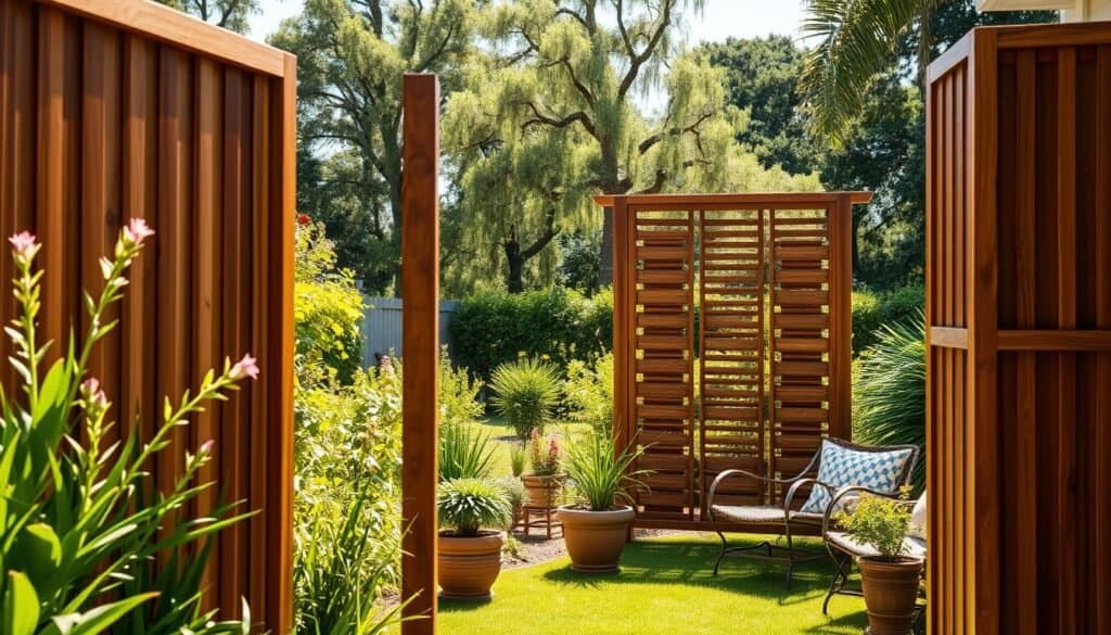 A serene backyard scene featuring elegant wooden privacy screens serving as natural dividers. The foreground displays beautifully crafted wooden panels in varying shades of brown, set against a lush green backdrop of plants and flowers. In the middle ground, potted plants and rustic garden furniture complement the privacy screens, inviting relaxation. The background reveals a sun-drenched garden with tall trees swaying gently in the breeze, all bathed in soft, warm sunlight. The atmosphere is tranquil and inviting, enhancing the natural, lived-in quality of the space. The image should be taken from a slightly elevated angle, capturing the depth and texture of the wooden materials while showcasing the harmonious blend with nature. Aim for bright, airy lighting that emphasizes the warmth of the wood and the vibrant greenery.