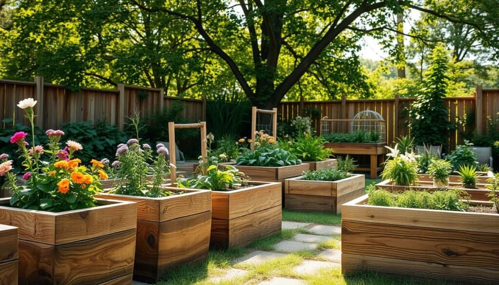 A serene backyard scene featuring various natural wood containers and raised beds. In the foreground, showcase intricately designed wooden planters with rich textures, filled with vibrant flowers and lush greenery. The middle ground includes raised beds crafted from reclaimed wood, artfully arranged, displaying a variety of herbs and vegetables. In the background, gentle sunlight filters through leafy trees, casting soft shadows and creating a warm, inviting atmosphere. The overall composition is airy and well-lit, with a focus on the natural beauty of wood in an outdoor setting. Use a wide-angle lens to capture the entire scene, emphasizing the harmony of nature and woodworking aesthetics.