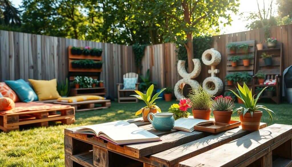 A serene backyard setting featuring several creative upcycled pallet projects. In the foreground, a rustic pallet coffee table beautifully adorned with vibrant potted plants, open books, and a steaming cup of tea. To the left, a comfy pallet seating area with colorful outdoor cushions and throws, inviting relaxation. The middle ground showcases a vertical garden made from repurposed pallets, lush with greens and flowering plants. In the background, a wooden fence partially covered in ivy complements the natural feel. The scene is bathed in bright natural light, with soft sunlight filtering through nearby trees, creating a warm, inviting atmosphere. The lens perspective captures the layout from a slight angle, enhancing depth and inviting viewers to imagine themselves in this eco-friendly sanctuary.