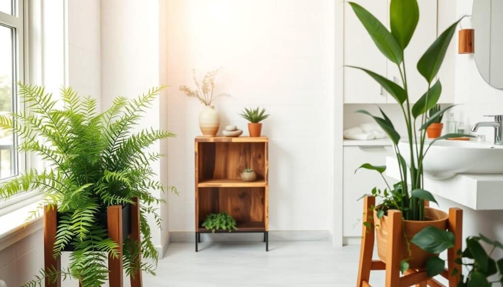 A serene bathroom corner oasis featuring lush green plants and elegant wooden accents. In the foreground, a stylish wooden plant stand holds a variety of ferns and succulents, their leaves glistening in the soft sunlight filtering through a nearby window. The middle ground showcases a small, minimalist shelving unit made of reclaimed wood, adorned with natural-themed decor, such as a ceramic vase and decorative stones. In the background, light-colored tiles reflect the bright, airy atmosphere, with hints of white cabinetry and a sleek mirror amplifying the tranquility of the space. The lighting is warm and inviting, creating a calming escape. The overall mood is soothing and rejuvenating, ideal for a peaceful retreat in a home.