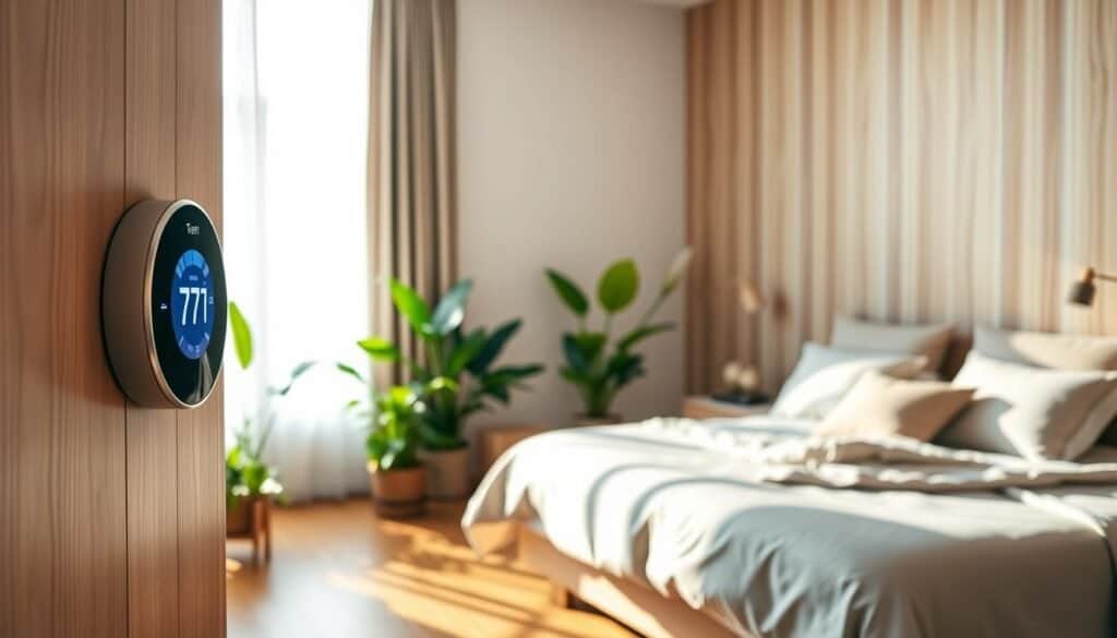 A serene bedroom designed for optimal sleep temperature and air quality. In the foreground, a sleek digital thermostat mounted on a pale wooden wall displays a calm blue glow, emphasizing its modern functionality. The middle layer features a cozy bed with soft, neutral-toned bedding and an assortment of plush pillows, inviting relaxation. A large window in the background allows bright, natural light to fill the room, casting gentle shadows on the polished hardwood floor. Lush indoor plants, like ferns and peace lilies, are strategically placed to enhance air quality and add a touch of greenery. The atmosphere is tranquil and airy, with the soft sunlight creating a warm and inviting space, perfect for promoting restful sleep.