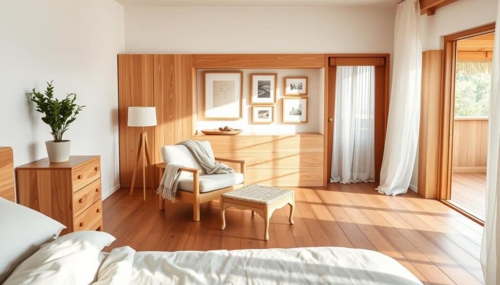 A serene bedroom featuring calming wood elements, emphasizing a minimalist decor style. In the foreground, a neatly made bed with soft, neutral-toned linens and a light wooden headboard adds warmth. To the left, a handcrafted wooden nightstand with a small potted plant and an elegant lamp softly illuminates the space. The middle ground showcases an inviting armchair made of natural wood, paired with a cozy throw blanket, positioned near a large window. In the background, subtle wooden accents like framed wall art and a beautiful wooden floor enhance the natural aesthetic. The room is bathed in bright, natural light, with soft sunlight streaming through sheer curtains, creating an airy and tranquil atmosphere. The overall mood is relaxing and peaceful, ideal for promoting calmness in a bedroom setting.