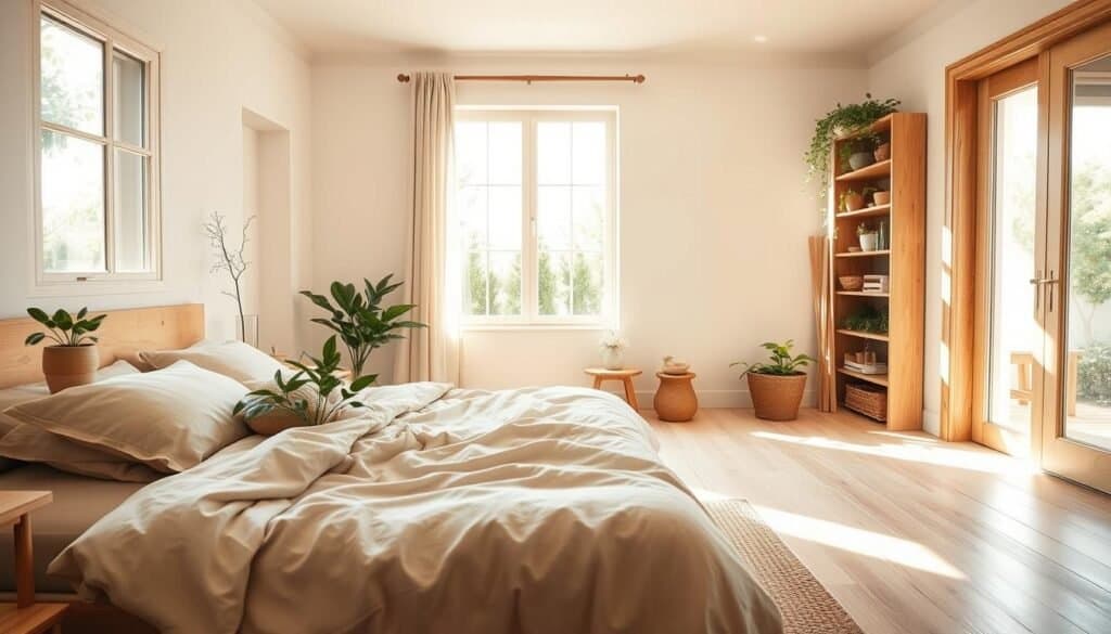 A serene bedroom featuring natural elements that foster a grounding atmosphere. In the foreground, a cozy bed with soft, earthy-toned linens is adorned with a single, elegant green plant resting on a wooden nightstand. In the middle, large windows allow bright, soft sunlight to filter in, illuminating the light wooden floors and the textured, woven rug beneath the bed. The walls are painted in calm, neutral shades, with natural wood accents like a bedside table and a bookcase filled with plants and natural decor. In the background, gentle greenery can be seen through the windows, enhancing the organic feel. The image should evoke tranquility and peace, captured in a warm, inviting light, reflecting a balance between comfort and nature.