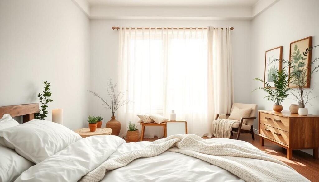 A serene bedroom interior, featuring soft pastels and muted earth tones such as light blue, pale green, and gentle beige. The foreground includes a cozy bed with fluffy white linens and a lightweight, knitted throw. A rustic wooden bedside table holds a soothing candle and a small potted plant. In the middle, a large window allows bright natural light and soft sunlight to fill the room, creating an airy atmosphere. Delicate sheer curtains gently sway in the breeze. The background showcases tastefully arranged minimalist décor, such as a comfortable armchair and a nature-inspired wall art piece. The overall mood is tranquil and calming, designed to evoke a sense of relaxation and comfort, perfect for winding down.