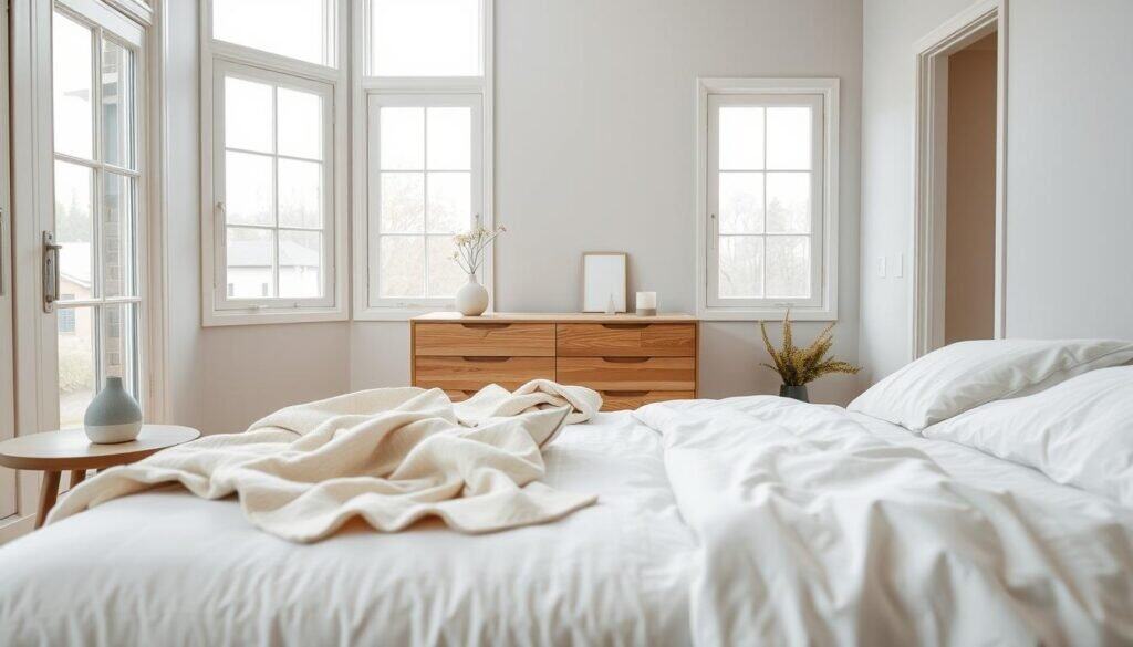 A serene bedroom interior reflecting the concept of mindful decorating. In the foreground, a neatly made bed with soft, neutral-colored linens, a light wool throw draped casually, and minimal accent pillows. On the bedside table, a simple ceramic vase with a single fresh flower complements its surroundings. The middle layer includes a wooden dresser with subtle grain, adorned only with a few curated decorative items—perhaps a small book and a candle. In the background, large windows drench the room in bright, natural light and soft sunlight, illuminating calm, muted wall colors. The atmosphere is airy and inviting, evoking a sense of tranquility and simplicity, captured with a slight wide-angle lens to enhance the spacious feel.