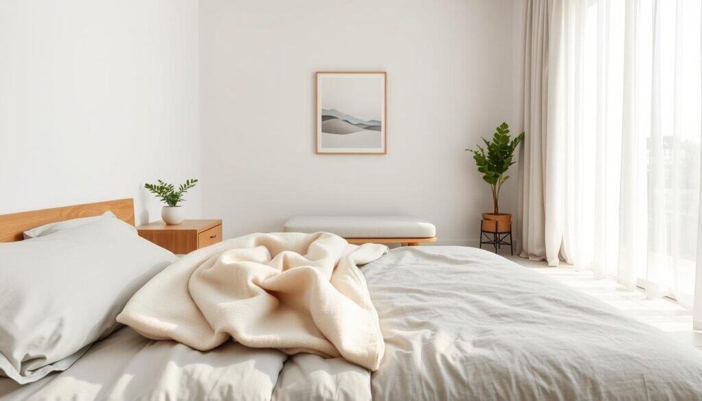 A serene bedroom interior showcasing soft textures and minimalistic design. In the foreground, a plush bed adorned with light gray linens and a neatly arranged cream throw blanket. On the wooden bedside table, a small potted plant adds a touch of greenery. In the middle, a subtle area rug complements the soothing color palette. The walls are painted in a soft, neutral tone, with a single piece of abstract art hanging above the bed, emphasizing simplicity. The background features a large window allowing bright, soft natural light to flood the space, casting gentle shadows. Use a wide-angle lens to capture the cozy yet airy atmosphere, ensuring a harmonious balance between comfort and minimalism. The overall mood should feel tranquil and inviting, perfect for relaxing.