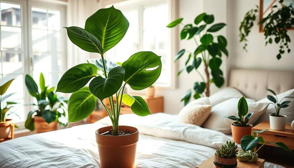 A serene bedroom oasis featuring various house plants that create a calming atmosphere. In the foreground, place a stylish, potted fiddle leaf fig with large green leaves, complementing a cozy, neatly made bed with soft, neutral bedding. The middle ground showcases a wooden bedside table adorned with smaller plants like succulents and a peace lily, bathed in bright, natural light. The background reveals a large window letting in soft sunlight, casting gentle shadows and enhancing the airy feel of the space. The walls are painted in soothing pastel tones, contributing to the tranquil vibe. Capture this scene from a slightly elevated angle to emphasize the harmony between the plants and the cozy bedroom setting.