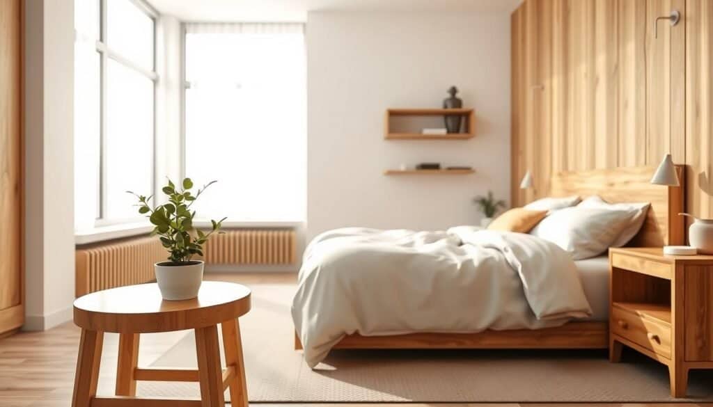 A serene bedroom scene featuring warm wood accents that exude comfort and style. In the foreground, a simple wooden bedside table holds a small potted plant and a softly lit lamp, creating an inviting atmosphere. The middle ground showcases a cozy bed dressed in neutral linens, with plush pillows and a stylish wooden headboard. Accentuate the decor with a few wooden decorative elements, such as a wall-mounted shelf displaying books and a small sculpture. In the background, large windows allow bright, soft sunlight to filter in, illuminating the space, emphasizing the natural textures of the wood. The overall mood is tranquil and harmonious, emphasizing a clutter-free, warm aesthetic ideal for a restful retreat. Use a wide-angle lens to capture the room's spaciousness and airy feel.