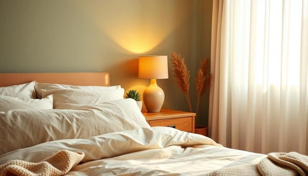 A serene bedroom scene showcasing an earthy color palette. In the foreground, a plush bed adorned with soft, neutral linens in beige and cream tones. A cozy textured throw blanket drapes over the side. In the middle, a wooden bedside table holds a potted succulent and a delicate ceramic lamp emitting warm, soft light. The walls are painted in a soothing sage green, complemented by muted terracotta accents. In the background, sheer curtains gently billow in the bright, natural sunlight filtering through, casting a warm glow throughout the room. The atmosphere is tranquil and inviting, evoking a sense of calm and relaxation, perfect for unwinding. Focus on realistic textures and warm aesthetics.