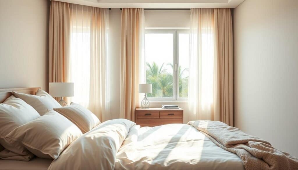 A serene bedroom showcasing floor-to-ceiling comfort, featuring soft, inviting textiles in neutral tones. The foreground includes a large, plush bed adorned with layered bedding, oversized pillows, and a cozy throw. In the middle, there are tall, softly draped curtains allowing bright natural light to fill the space, illuminating a stylish nightstand with a minimalist lamp. The background displays a window with a view of greenery, adding a tranquil touch. The atmosphere conveys relaxation, and airiness, with warm, soft sunlight enhancing the inviting feel. Capture the room from a slightly elevated angle, focusing on the inviting, comfortable aspects of the décor while maintaining a clean and organized aesthetic.