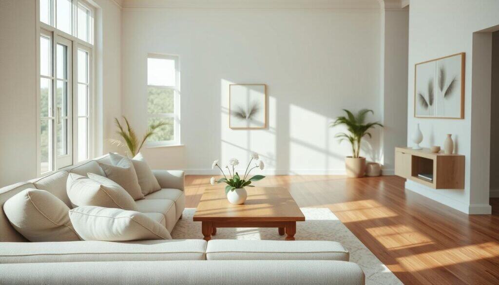 A serene, calming interior design of a minimalistic living room featuring soft, neutral tones. In the foreground, a plush, light-colored sofa adorned with simple, textured cushions invites relaxation. The middle ground showcases a solid wood coffee table, accented with a small potted plant and a vase of fresh flowers, enhancing the tranquil atmosphere. In the background, large windows allow bright, natural light to flood the space, casting soft shadows and illuminating warm wooden floors. The walls are adorned with subtle, nature-inspired artwork that complements the peaceful ambiance. Soft sunlight filters in, creating an airy, well-lit environment that evokes a sense of calm and tranquility. The image has a soothing mood, perfect for illustrating peaceful home environments.