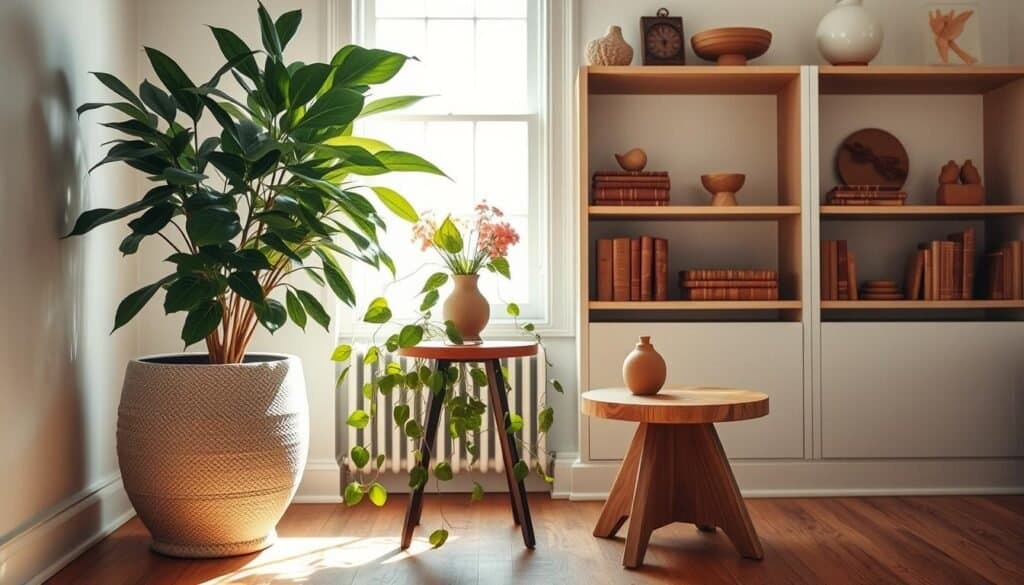 A serene corner space decor featuring a large, leafy potted plant in a textured ceramic pot, paired with a handcrafted wooden side table. The table holds a small, elegant vase with fresh flowers, complementing the greenery. In the background, softly lit shelves display curated wooden decor items and books, creating an inviting atmosphere. Bright, natural light floods the scene, with soft sunlight filtering through a nearby window, casting gentle shadows. The floor is a warm hardwood, enhancing the coziness of the space. The overall mood is calm and soothing, inviting relaxation and reflection, ideal for transforming empty corners into peaceful retreats. The composition is captured from a slightly elevated angle, emphasizing the layered decor and tranquil ambiance.