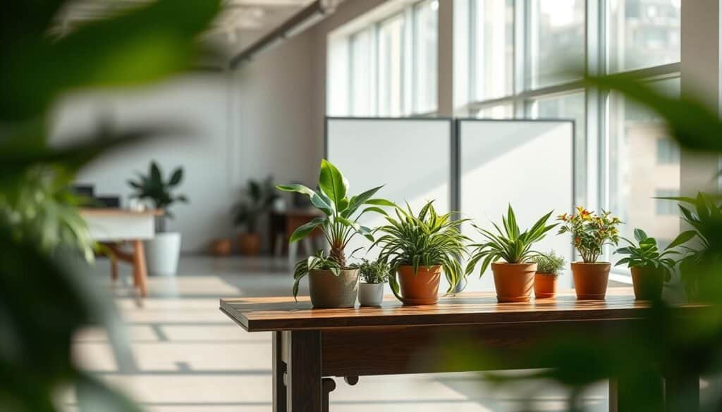 A serene, disconnected space reflecting a sense of isolation within a bright, airy environment. In the foreground, a beautifully crafted wooden table adorned with potted plants, showcasing various shades of green. The middle ground features large windows letting in soft, diffused natural light, illuminating the room and enhancing the vibrant colors of the foliage. In the background, a partition creating a sense of separation, with minimalistic decor emphasizing emptiness and a lack of connection. The atmosphere should evoke contemplation and tranquility, highlighting the contrast between the lively plants and the subdued surroundings. The scene should be depicted with a shallow depth of field, focusing on the table and plants while softly blurring the distant partition, creating a sense of depth and inviting reflection on the theme of disconnectedness.