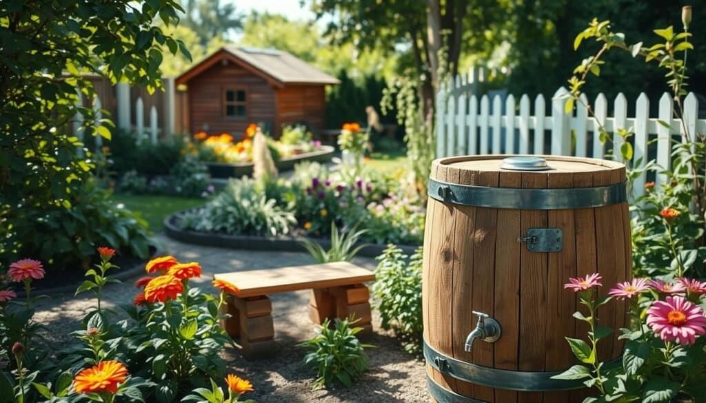 A serene garden scene featuring a DIY rain barrel made of rustic wood, prominently displayed in the foreground. The barrel, adorned with metal accents and a spigot, complements its natural setting. Surrounding plants include vibrant flowers and lush greenery that thrive in the soft sunlight filtering through the leaves. In the middle of the image, a small wooden platform elevates the rain barrel, adding an artisanal touch. In the background, a glimpse of a cozy wooden shed and a flower bed can be seen, surrounded by a white picket fence. The atmosphere is bright and inviting, embodying a sustainable and charming outdoor environment. Use natural lighting to enhance the scene, creating a sense of warmth and tranquility in this picturesque garden.