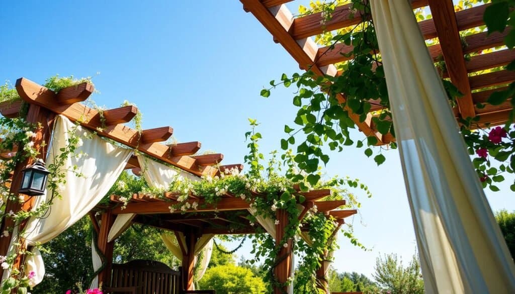 A serene garden scene featuring overhead wood structures, such as elegant pergolas and trellises, framed by lush greenery and vibrant flowers. In the foreground, include a rustic wooden bench nestled under a beautifully crafted lattice roof, draped with soft, flowing curtains that sway gently in the breeze. The middle ground showcases climbing vines and delicate blossoms entwined around the wooden beams, creating a welcoming atmosphere. The background features a clear blue sky, enhancing the feeling of openness and tranquility. The lighting is bright and natural, with soft sunlight filtering through the leaves, casting gentle shadows on the ground. The overall mood is calm and inviting, perfect for a peaceful retreat within a garden sanctuary.