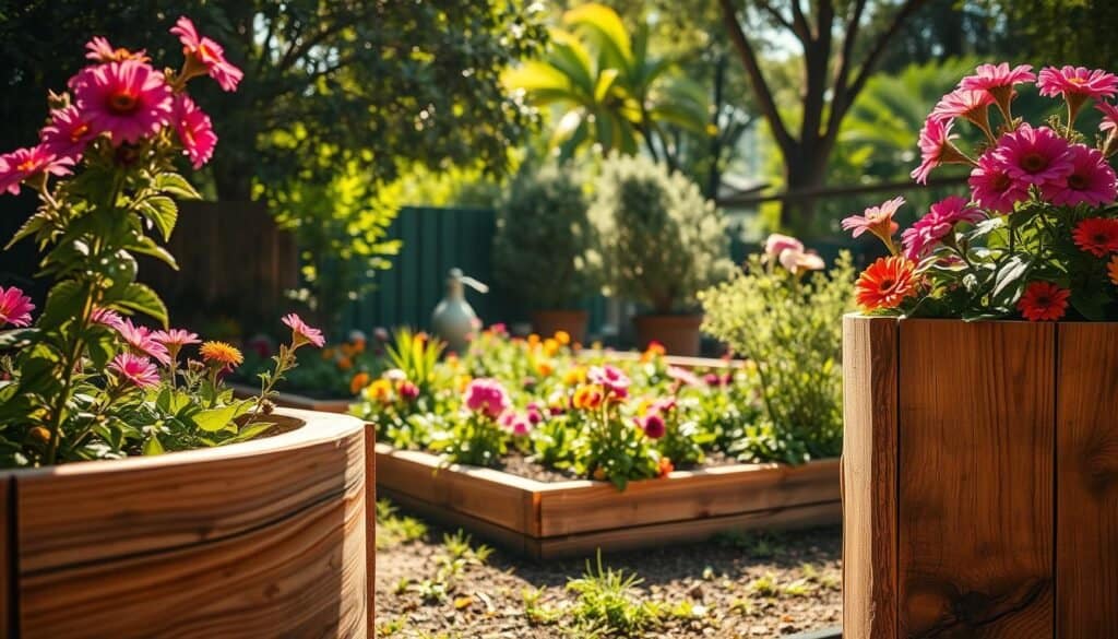 A serene garden scene showcasing rustic wooden planters filled with vibrant, blooming flowers. In the foreground, detailed close-ups of intricately crafted wooden planters made from reclaimed timber, displaying natural textures and grains. The middle ground features a beautifully arranged garden bed with lush greenery, colorful flora, and neatly organized wooden borders. In the background, soft sunlight filters through leafy trees, creating a warm and inviting atmosphere. The entire composition is bathed in bright, natural light that highlights the organic materials, conveying a sense of tranquility and harmony with nature. Capture this scene with a soft focus lens to enhance the rustic charm and depth.