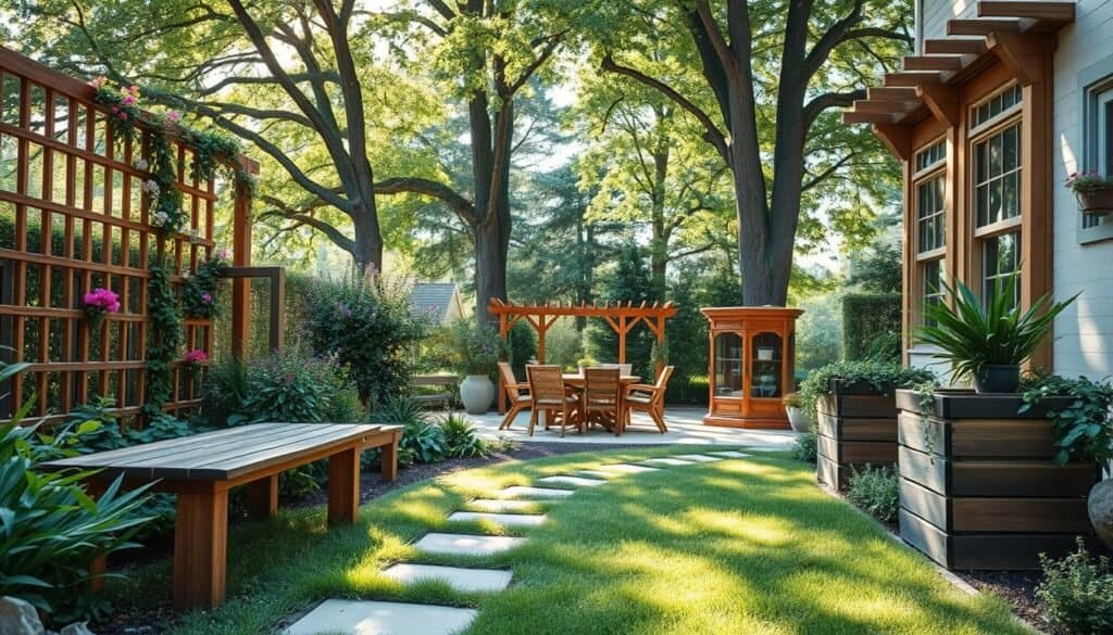 A serene garden scene showcasing various garden enhancements, including a beautifully crafted wooden bench, a rustic wooden trellis adorned with climbing flowers, and a stylish wooden planter filled with vibrant plants. In the foreground, a well-maintained pathway of smooth stones leads through lush greenery, inviting viewers to explore. The middle ground features a sun-drenched patio area with tasteful wooden outdoor furniture, perfect for relaxation. In the background, tall, leafy trees provide dappled shade, with soft sunlight filtering through their branches, creating a warm, inviting atmosphere. The image captures the essence of comfort and functionality, with a focus on natural materials and bright, airy lighting. Use a wide-angle lens for a spacious feel, and ensure the colors are vivid to evoke a sense of tranquility and harmony in the outdoor space.
