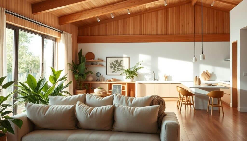 A serene grounded living space reflecting the essence of natural architecture, featuring a cozy, eco-friendly living room. In the foreground, there's a plush, neutral-toned sofa adorned with natural fibers, surrounded by elegant wooden furniture and lush green potted plants. The middle ground includes a large window allowing soft, bright natural light to flood the room, illuminating the warm wooden floor and showcasing rustic decor items like woven baskets and ceramic vases. In the background, a minimalist kitchen area blends seamlessly into the living space, emphasizing a modern yet earthy aesthetic. The overall mood is tranquil and inviting, captured with a wide-angle lens to accentuate the spaciousness and connection with nature. The lighting is bright but soft, creating an airy atmosphere perfect for relaxation.
