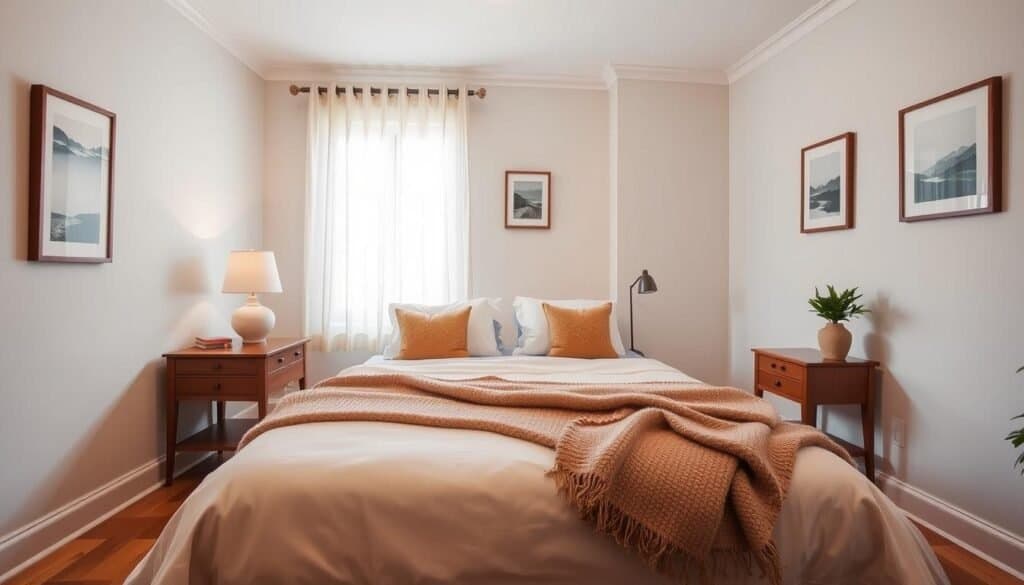 A serene guest bedroom featuring a cozy, inviting atmosphere without feeling heavy. In the foreground, a neatly made queen-sized bed with soft, neutral-toned linens and a plush, textured throw blanket. Decorative pillows in warm shades add a touch of comfort. On either side of the bed, tasteful wooden nightstands with small, stylish lamps emitting soft, ambient light. In the middle, a light, airy window draped with sheer curtains allows bright natural light to fill the room, enhancing the warm feel. The background showcases a subtle wall color, adorned with framed landscape artwork, and a small bookshelf with a few select books. The room is framed by wooden floors and includes greenery, like a potted plant, bringing a touch of nature indoors. The overall atmosphere is peaceful, welcoming, and elegantly simple, with a focus on comfort and warmth.
