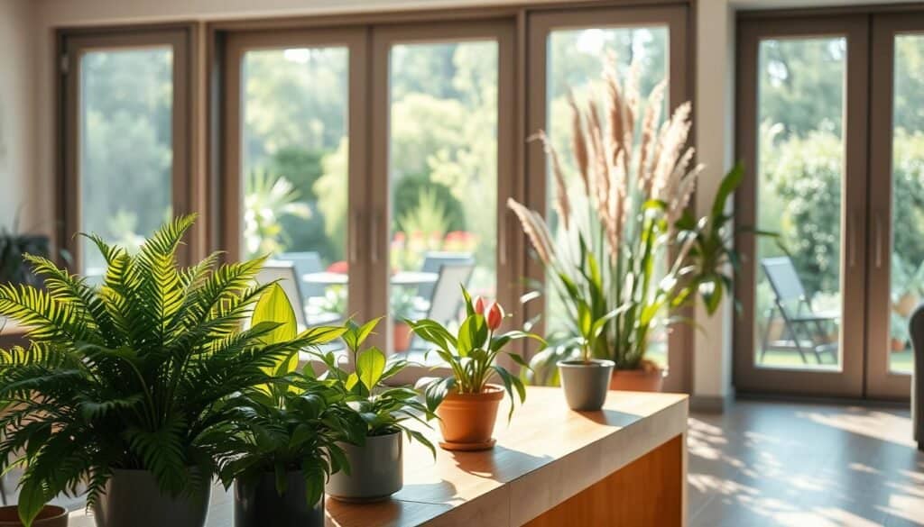 A serene indoor-outdoor scene showcasing the harmony of plants connecting spaces. In the foreground, a variety of lush indoor plants, such as ferns and peace lilies, thrive in elegant pots on a sleek wooden table. The middle ground features large glass doors that open to a bright patio, where vibrant outdoor plants, like colorful flowers and tall grasses, blend seamlessly. Sunlight filters through, creating a soft, warm glow that highlights the textures of the leaves and wood. In the background, gentle greenery from the garden is visible, blurring softly with the sky. The atmosphere is tranquil and inviting, emphasizing the unity between indoor and outdoor spaces, ideal for promoting relaxation and connection.
