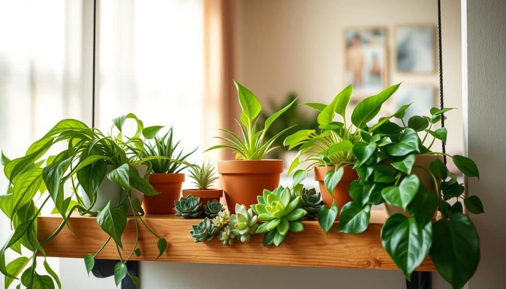 A serene indoor scene showcasing a collection of low-maintenance plants arranged beautifully on a handcrafted wooden shelf. In the foreground, a lush snake plant and a vibrant pothos drape elegantly over the edge. The middle area features a cheerful spider plant in a terracotta pot, surrounded by smaller succulents in varied shades of green. The background displays a softly blurred living space with light-colored walls and airy curtains, allowing warm, diffused sunlight to pour in, creating a welcoming atmosphere. The overall mood is calming and uplifting, perfect for beginners looking to green their space effortlessly. The image should capture fine details like the texture of the leaves and the rustic charm of the shelf, using a shallow depth of field to emphasize the plants while maintaining a soft, inviting light.