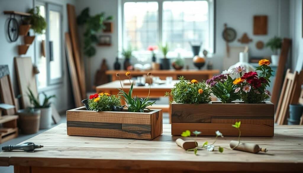 A serene indoor setting showcasing beautifully crafted DIY wood planters. In the foreground, a pair of rustic wooden planters made from reclaimed wood, artfully arranged, filled with lush green plants and colorful flowers. The middle ground features a wooden table with tools and materials scattered around, suggesting an inviting workspace. In the background, soft natural light streams through a large window, illuminating the scene and creating a bright, airy atmosphere. The room is minimally decorated, with neutral colors and earthy accents, evoking a natural, understated elegance. The overall mood is warm and welcoming, emphasizing the joy of woodworking and the beauty of indoor greenery. Perfectly captured with a 50mm lens to highlight details in sharp focus, surrounded by a soft bokeh effect.
