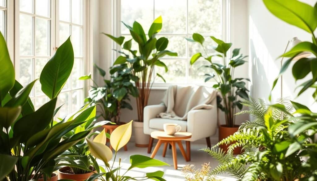 A serene indoor space designed for mental wellbeing, featuring a variety of lush, vibrant potted plants such as snake plants, peace lilies, and ferns in the foreground. In the middle ground, a cozy reading nook with a comfortable armchair, soft throw blanket, and a small wooden table adorned with a steaming cup of herbal tea. The background showcases large windows allowing bright natural light to flood the room, illuminating the plants and creating an airy ambiance. Soft sunlight casts gentle shadows, enhancing the warmth of the space. The overall mood is calm and restorative, emphasizing a tranquil environment that promotes relaxation and reduces stress.