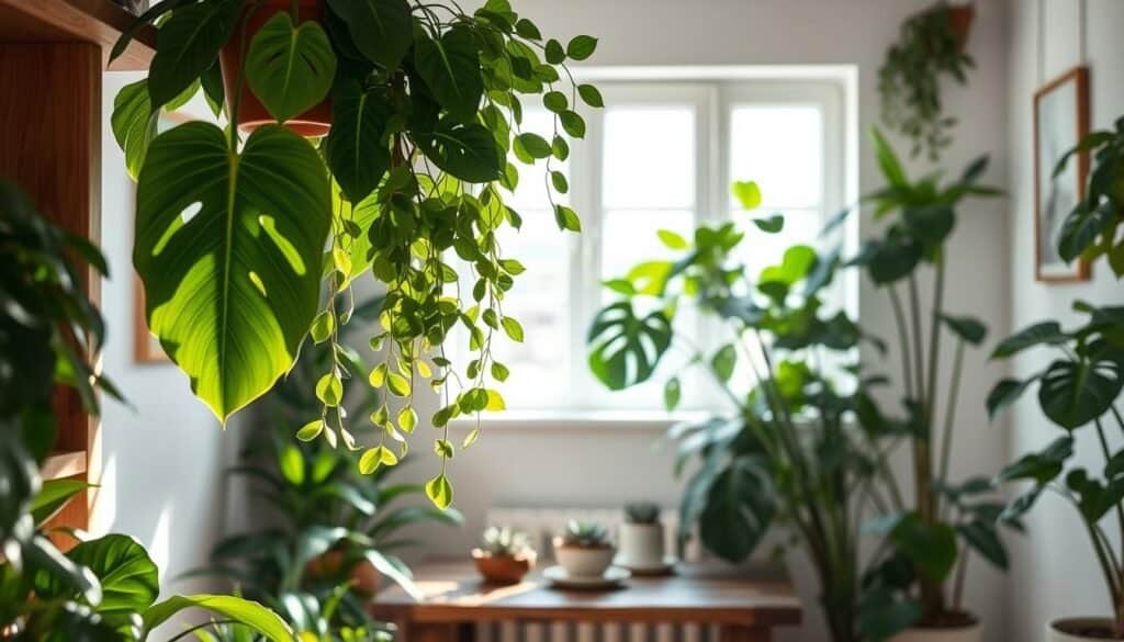 A serene indoor space filled with various green plants, showcasing their vibrant foliage and unique textures. In the foreground, a lush potted monstera and a cascading pothos drape gracefully from a wooden shelf. The middle ground features a well-lit window allowing soft, natural sunlight to filter through, illuminating a small arrangement of succulents on a rustic table. In the background, a light-colored wall adorned with a couple of minimalist art pieces enhances the tranquil atmosphere. The entire scene radiates a sense of calm and renewal, inviting positive energy into the space, with a focus on bright, airy elements that emphasize the importance of greenery in promoting a balanced environment. Focus on realistic textures and warm tones to evoke a peaceful ambiance.